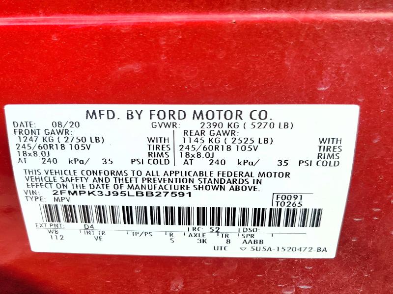 2020 Ford Edge მანქანა იყიდება აუქციონზე, vin: 2FMPK3J95LBB27591, აუქციონის ნომერი: 71816776