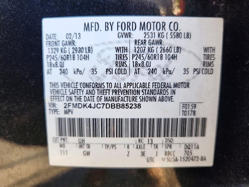 72388136 :رقم المزاد ، 2FMDK4JC7DBB85238 vin ، 2013 Ford Edge مزاد بيع