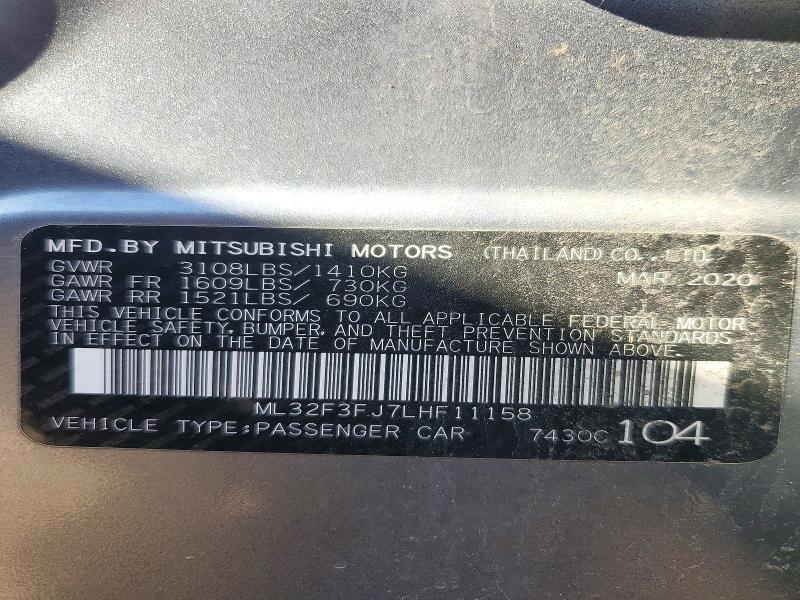 2020 Mitsubishi Mirage მანქანა იყიდება აუქციონზე, vin: ML32F3FJ7LHF11158, აუქციონის ნომერი: 72377916