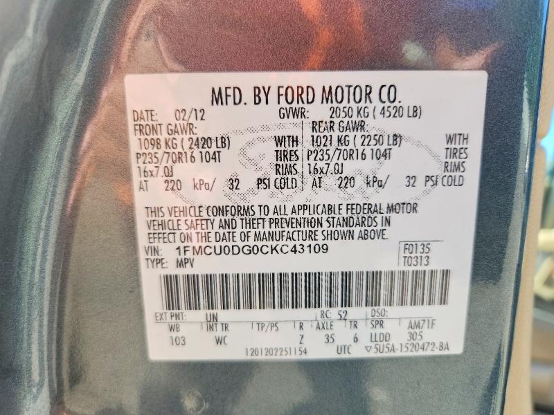 Продажа на аукционе авто 2012 Ford Escape, vin: 1FMCU0DG0CKC43109, номер лота: 71844466
