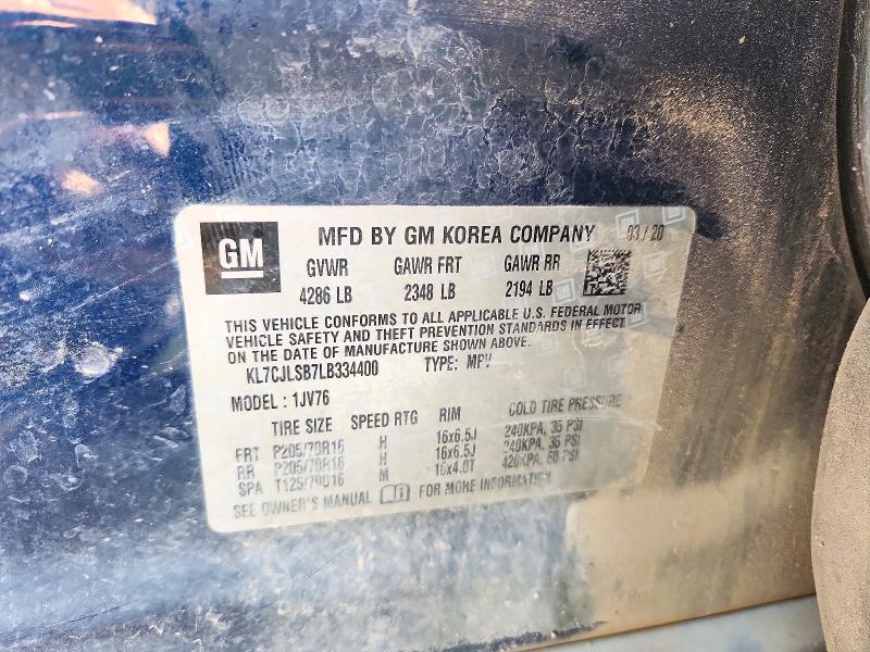 73421286 :رقم المزاد ، KL7CJLSB7LB334400 vin ، 2020 Chevrolet Trax مزاد بيع