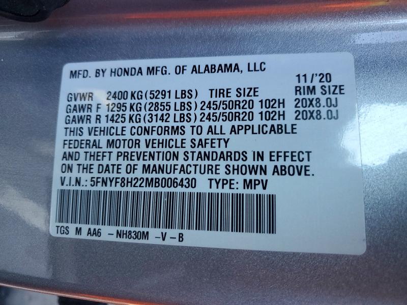 2021 Honda Passport მანქანა იყიდება აუქციონზე, vin: 5FNYF8H22MB006430, აუქციონის ნომერი: 71745056