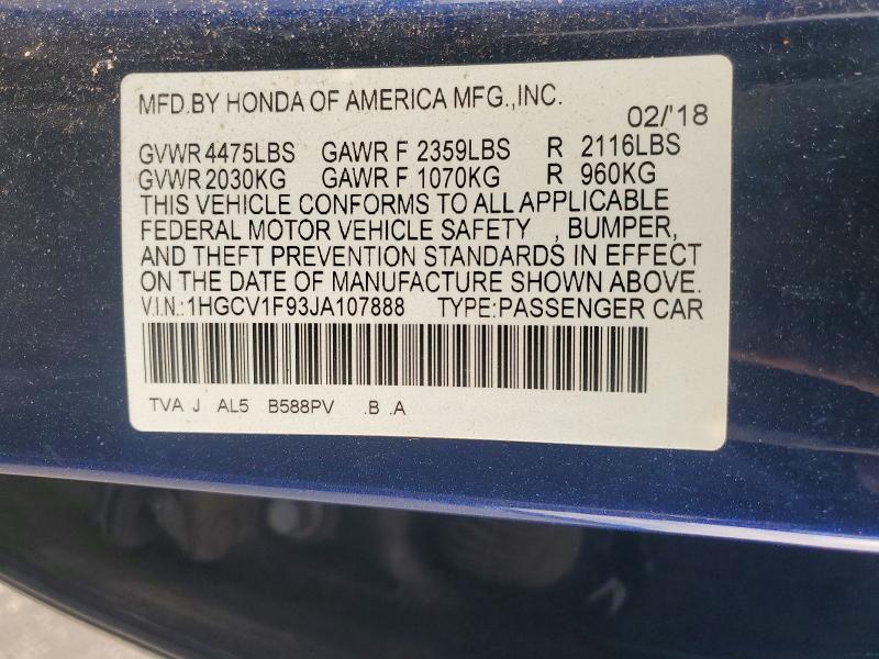 Продаж на аукціоні авто 2018 Honda Accord, vin: 1HGCV1F93JA107888, номер лоту: 72173686