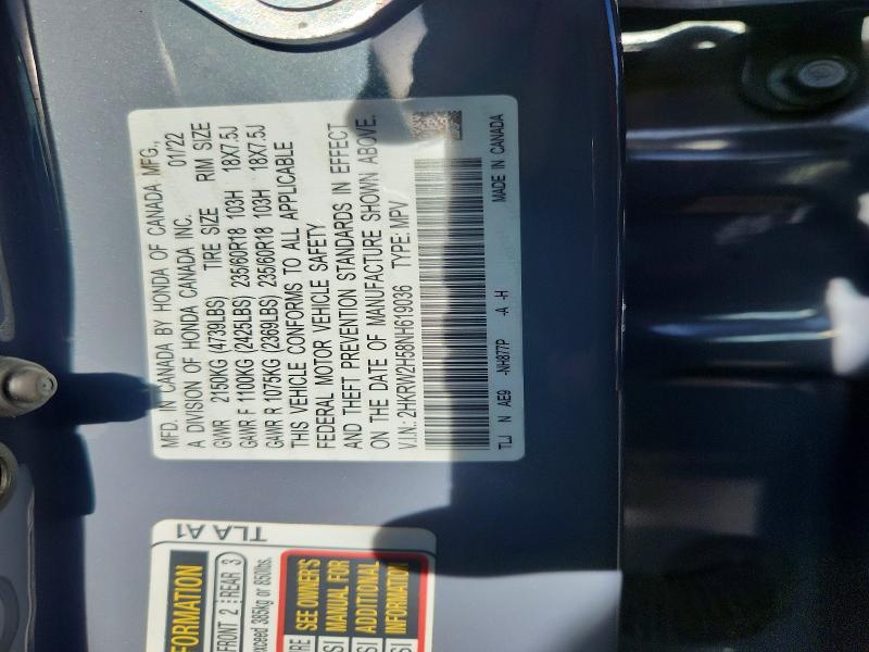 2022 Honda Cr-v მანქანა იყიდება აუქციონზე, vin: 2HKRW2H58NH619036, აუქციონის ნომერი: 71272066