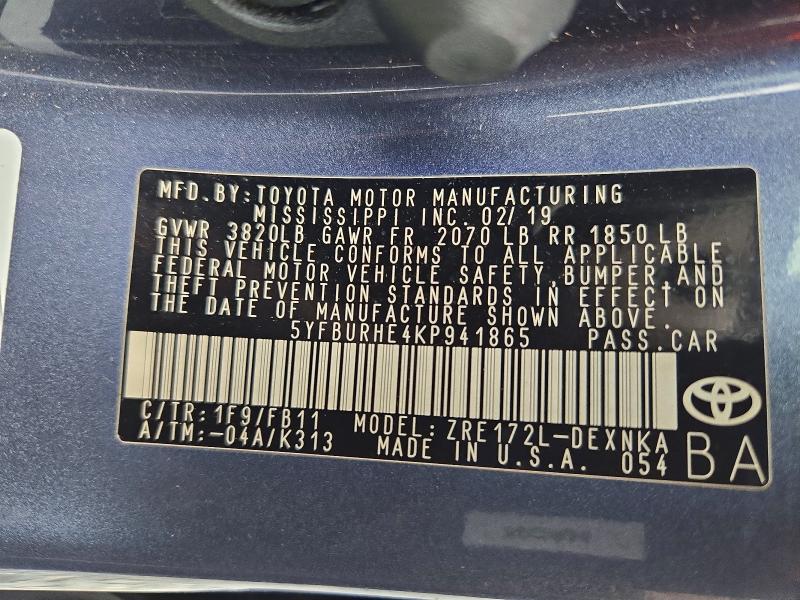 71077666 :رقم المزاد ، 5YFBURHE4KP941865 vin ، 2019 Toyota Corolla مزاد بيع