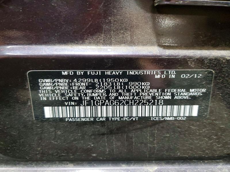 2012 Subaru Impreza მანქანა იყიდება აუქციონზე, vin: JF1GPAG62CH225218, აუქციონის ნომერი: 70928296