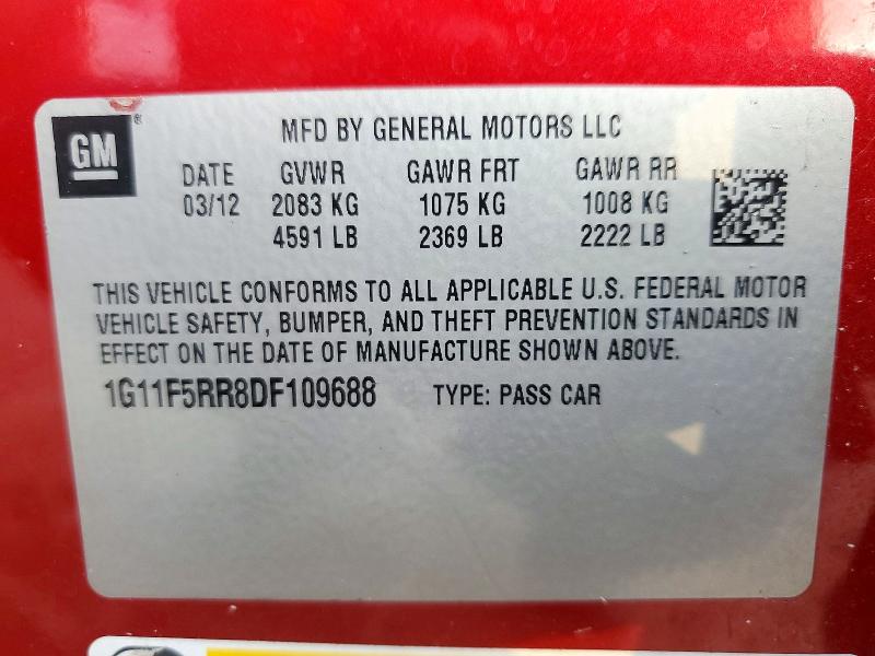 72727376 :رقم المزاد ، 1G11F5RR8DF109688 vin ، 2013 Chevrolet Malibu مزاد بيع