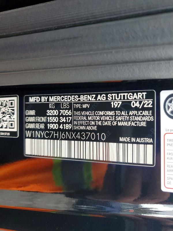 2022 Mercedes-benz G მანქანა იყიდება აუქციონზე, vin: W1NYC7HJ6NX437010, აუქციონის ნომერი: 72550856