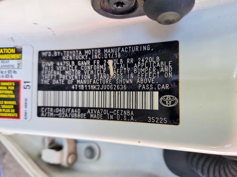 72160756 :رقم المزاد ، 4T1B11HK2JU062636 vin ، 2018 Toyota Camry مزاد بيع