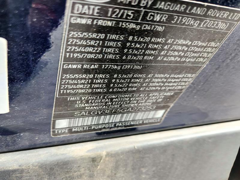 Aukcja sprzedaży 2016 Land Rover Range Rover, vin: SALGV3EF5GA273253, numer aukcji: 72240826