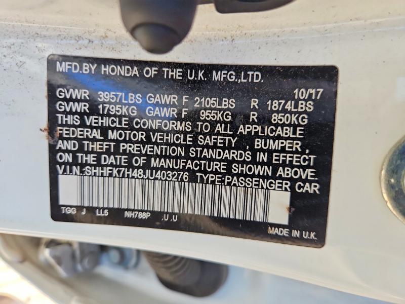 Продаж на аукціоні авто 2018 Honda Civic, vin: SHHFK7H48JU403276, номер лоту: 71083276
