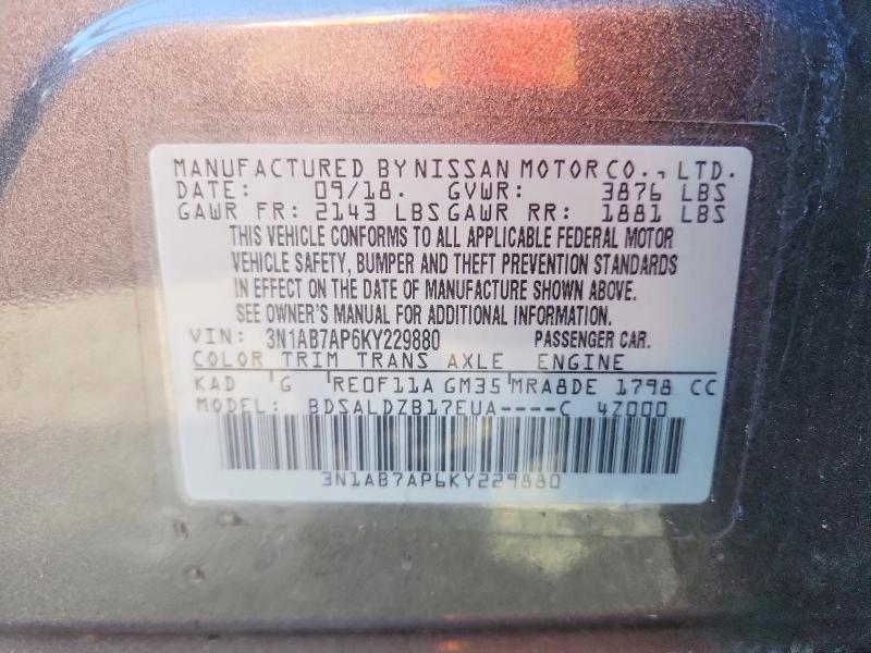 Aukcja sprzedaży 2019 Nissan Sentra, vin: 3N1AB7AP6KY229880, numer aukcji: 71248956