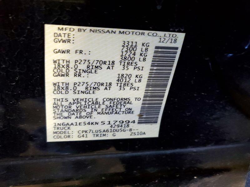 2019 Nissan Titan მანქანა იყიდება აუქციონზე, vin: 1N6AA1E54KN517994, აუქციონის ნომერი: 70244636