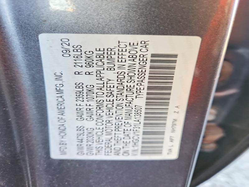 71452786 :رقم المزاد ، 1HGCV1F31LA138507 vin ، 2020 Honda Accord مزاد بيع