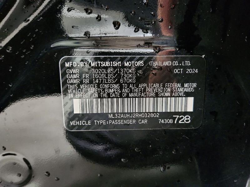 2024 Mitsubishi Mirage მანქანა იყიდება აუქციონზე, vin: ML32AUHJ2RH032802, აუქციონის ნომერი: 72440436