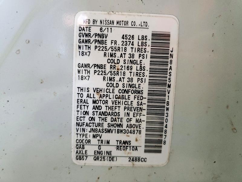 72934256 :رقم المزاد ، JN8AS5MV1BW304878 vin ، 2011 Nissan Rogue مزاد بيع