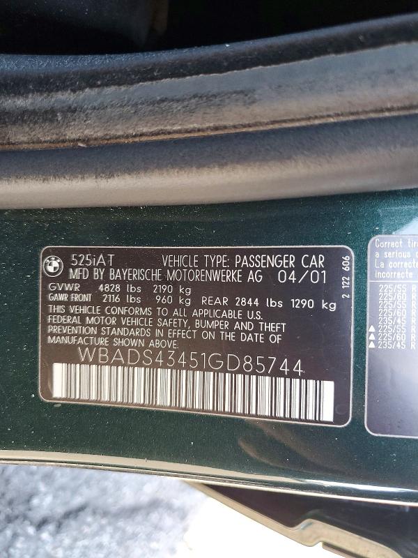2001 Bmw 525 მანქანა იყიდება აუქციონზე, vin: WBADS43451GD85744, აუქციონის ნომერი: 73915176