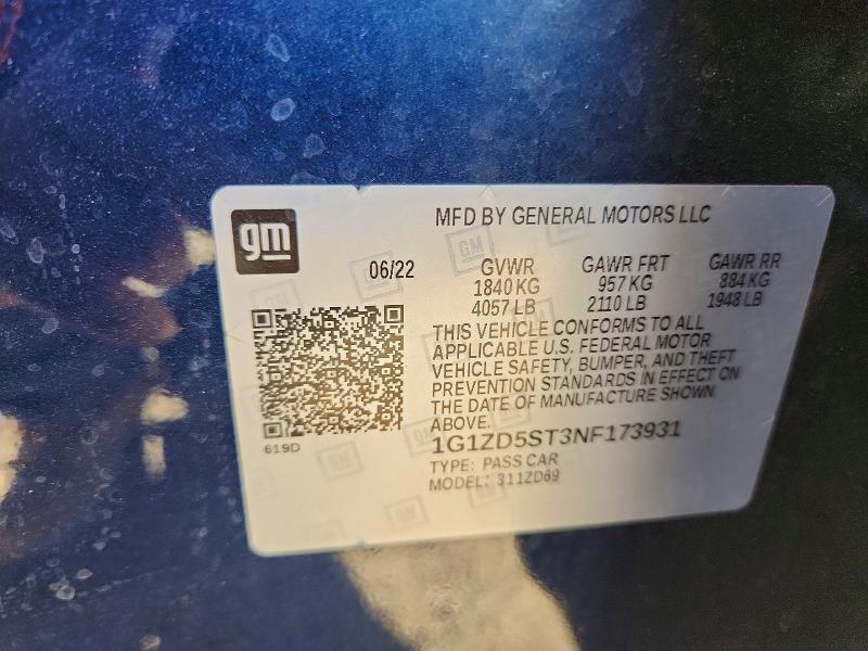 Продаж на аукціоні авто 2022 Chevrolet Malibu, vin: 1G1ZD5ST3NF173931, номер лоту: 71858086