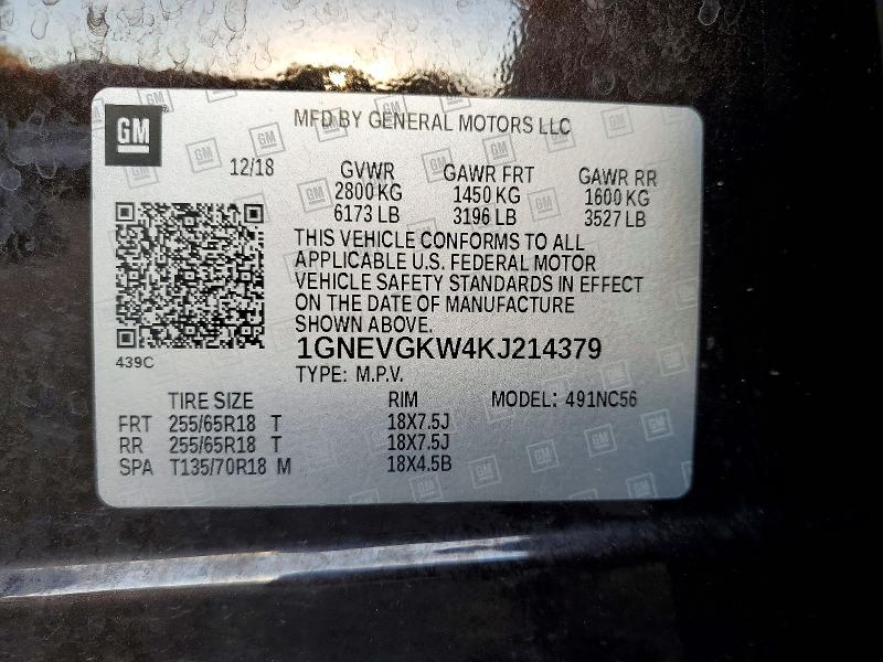69352336 :رقم المزاد ، 1GNEVGKW4KJ214379 vin ، 2019 Chevrolet Traverse مزاد بيع