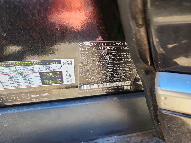 2021 Land Rover Range Rover მანქანა იყიდება აუქციონზე, vin: SALGS2RU9MA450815, აუქციონის ნომერი: 72308546