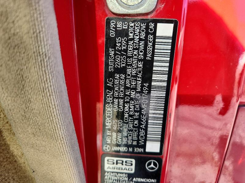 1991 Mercedes-benz 500 მანქანა იყიდება აუქციონზე, vin: WDBFA66E4MF017494, აუქციონის ნომერი: 72160576