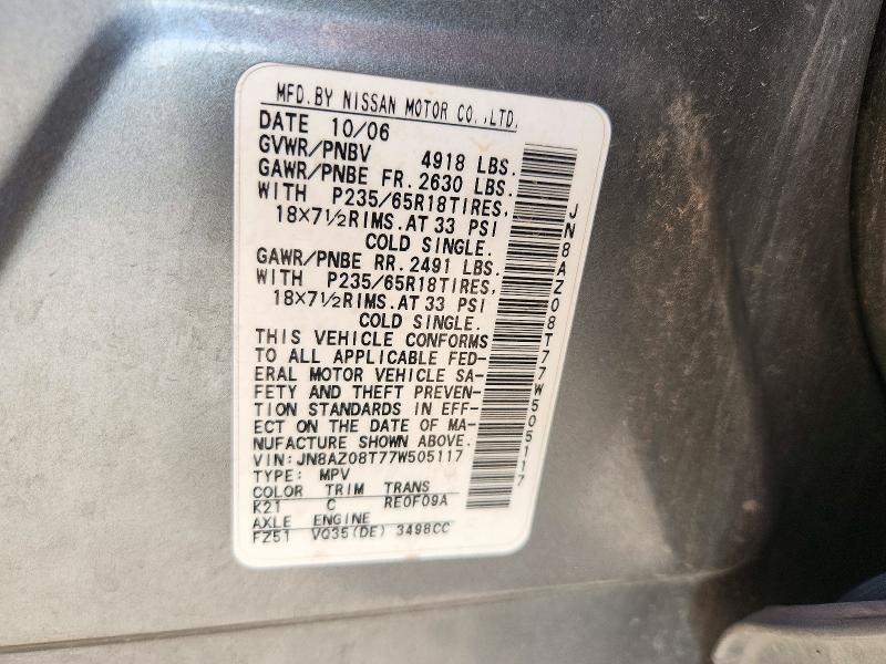 Aukcja sprzedaży 2007 Nissan Murano, vin: JN8AZ08T77W505117, numer aukcji: 72135556
