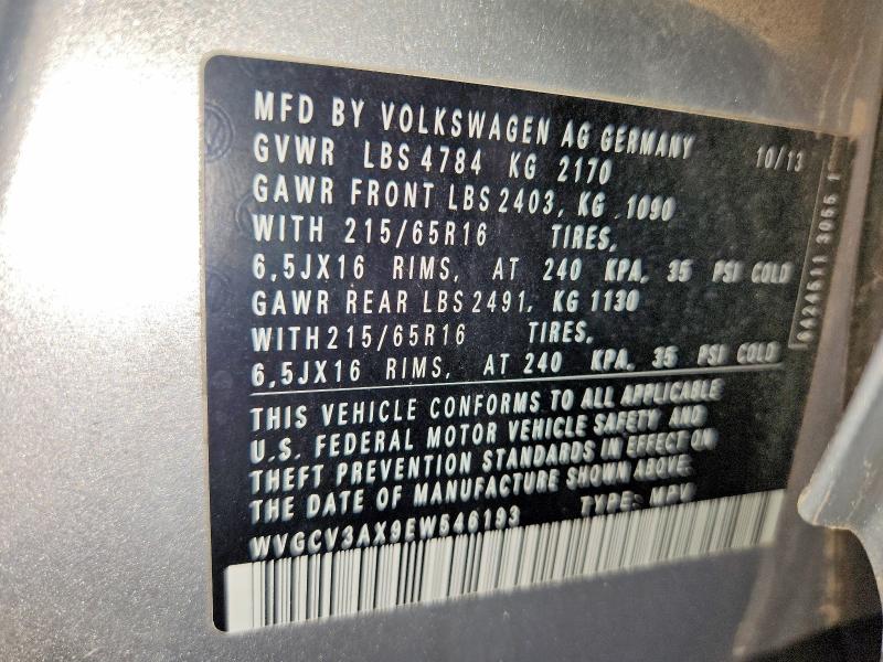 2014 Volkswagen Tiguan მანქანა იყიდება აუქციონზე, vin: WVGCV3AX9EW546193, აუქციონის ნომერი: 71356266