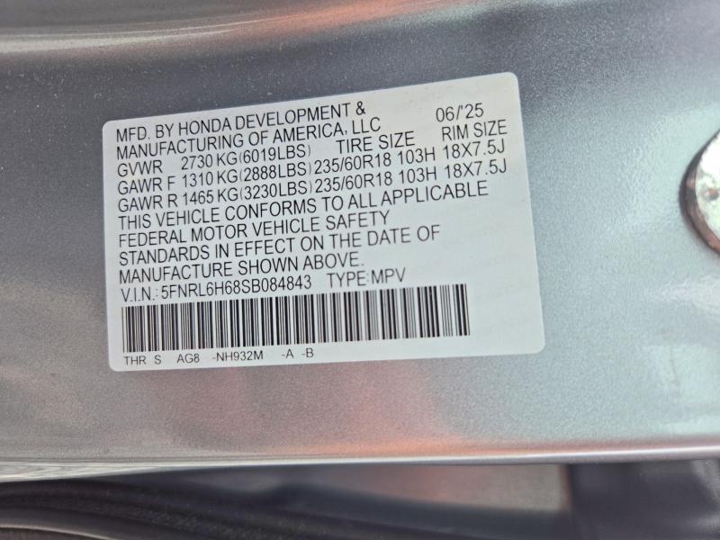 2025 Honda Odyssey მანქანა იყიდება აუქციონზე, vin: 5FNRL6H68SB084843, აუქციონის ნომერი: 71362676