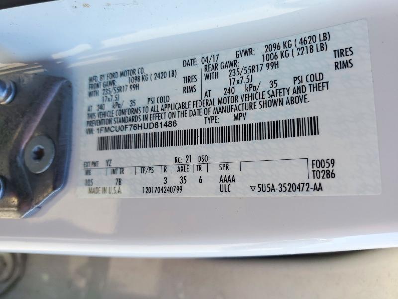 Продаж на аукціоні авто 2017 Ford Escape, vin: 1FMCU0F76HUD81486, номер лоту: 73537186