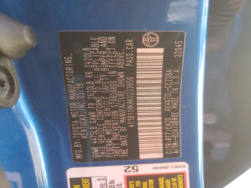2019 Toyota Camry მანქანა იყიდება აუქციონზე, vin: 4T1B11HK8KU233956, აუქციონის ნომერი: 71989876