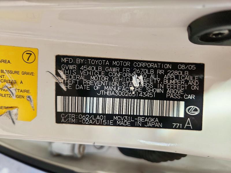 Aukcja sprzedaży 2006 Lexus Es, vin: JTHBA30G265143451, numer aukcji: 72627526