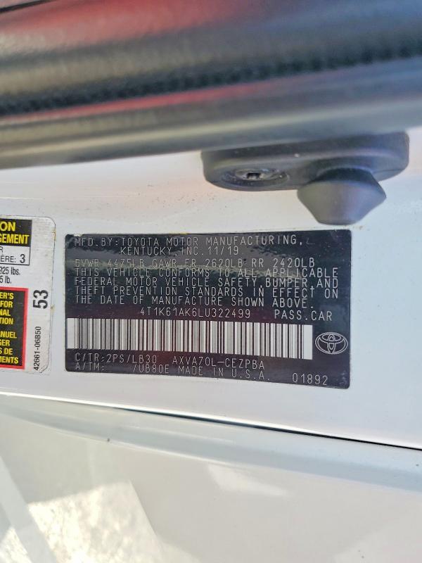 Aukcja sprzedaży 2020 Toyota Camry, vin: 4T1K61AK6LU322499, numer aukcji: 70921076