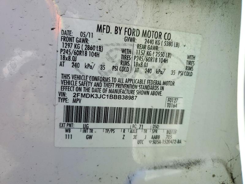 71308016 :رقم المزاد ، 2FMDK3JC1BBB38987 vin ، 2011 Ford Edge مزاد بيع