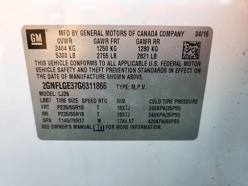 72310216 :رقم المزاد ، 2GNFLGE37G6311866 vin ، 2016 Chevrolet Equinox مزاد بيع