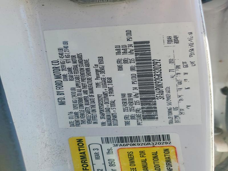 Auction sale of the 2016 Ford Fusion, vin: 3FA6P0K92GR320292, lot number: 71500796