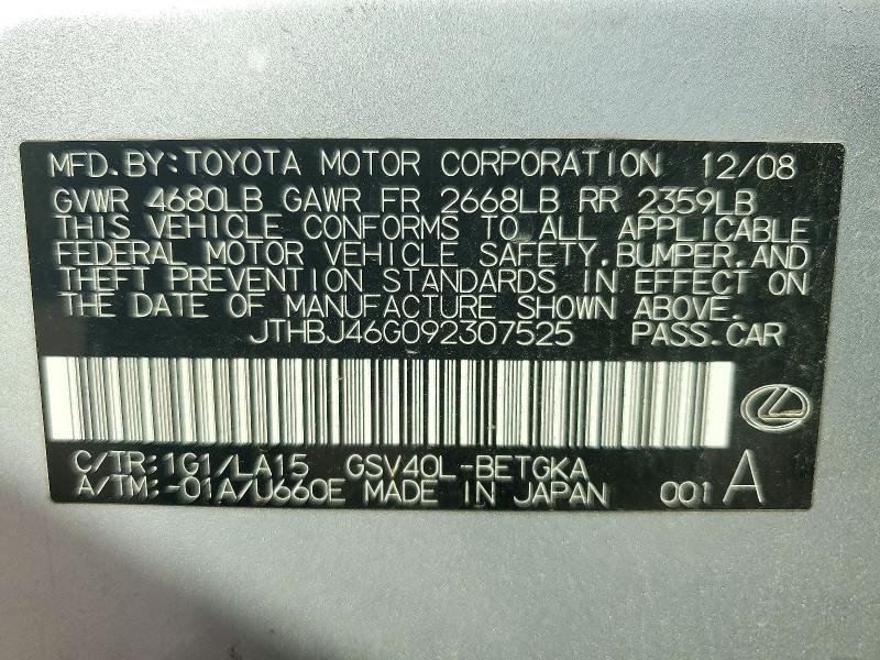 Aukcja sprzedaży 2009 Lexus Es, vin: JTHBJ46G092307525, numer aukcji: 72010166