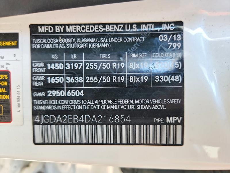 Aukcja sprzedaży 2013 Mercedes-benz Ml, vin: 4JGDA2EB4DA216854, numer aukcji: 71848686