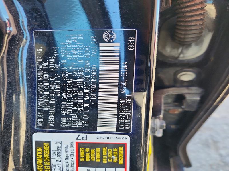 Auction sale of the 2012 Toyota Camry, vin: 4T4BF1FK0CR268504, lot number: 71621416
