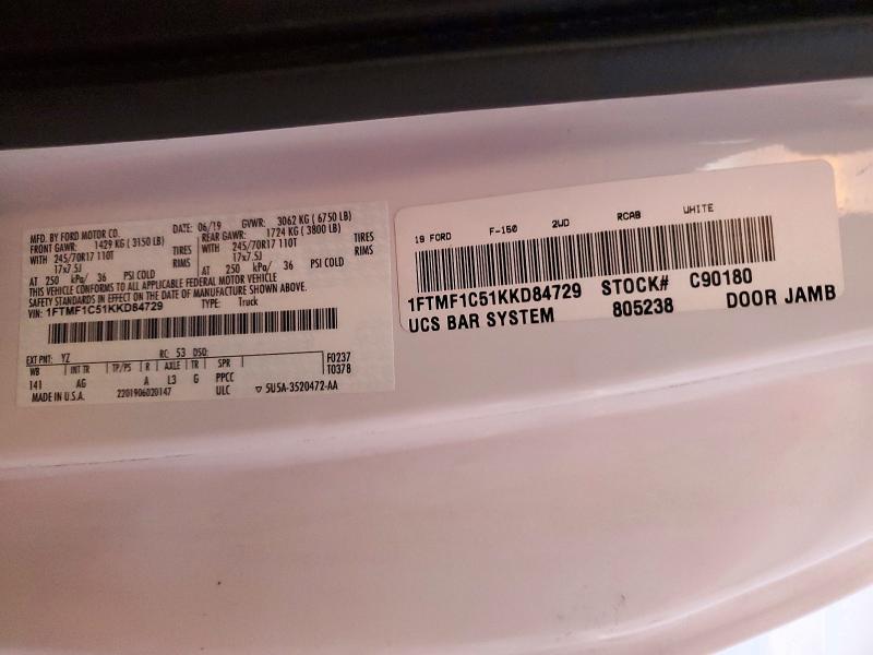 2019 Ford F150 მანქანა იყიდება აუქციონზე, vin: 1FTMF1C51KKD84729, აუქციონის ნომერი: 72570376
