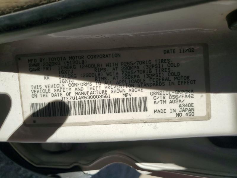 63670986 :رقم المزاد ، JTEZU14R630003561 vin ، 2003 Toyota 4runner مزاد بيع