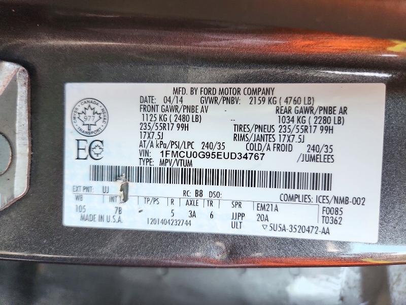 2014 Ford Escape მანქანა იყიდება აუქციონზე, vin: 1FMCU0G95EUD34767, აუქციონის ნომერი: 71599236