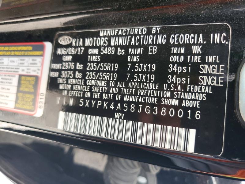 2018 Kia Sorento მანქანა იყიდება აუქციონზე, vin: 5XYPK4A58JG380016, აუქციონის ნომერი: 71393626