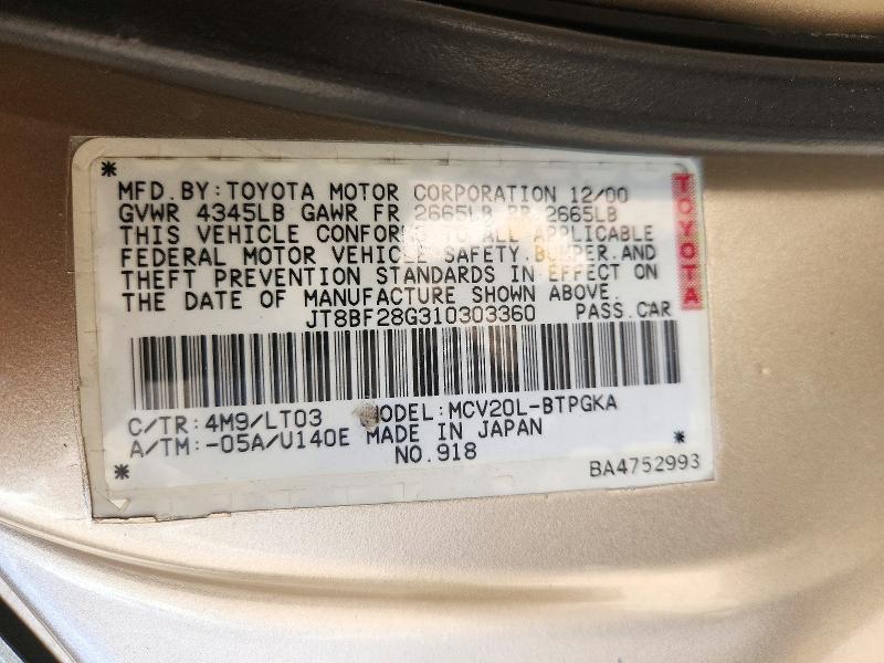Aukcja sprzedaży 2001 Lexus Es, vin: JT8BF28G310303360, numer aukcji: 73328506
