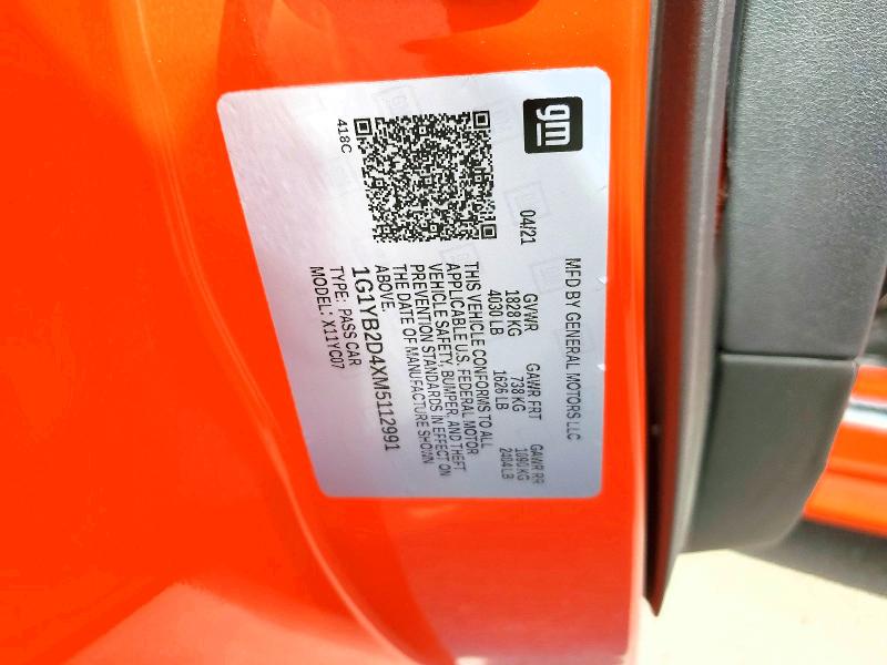 70919196 :رقم المزاد ، 1G1YB2D4XM5112991 vin ، 2021 Chevrolet Corvette مزاد بيع