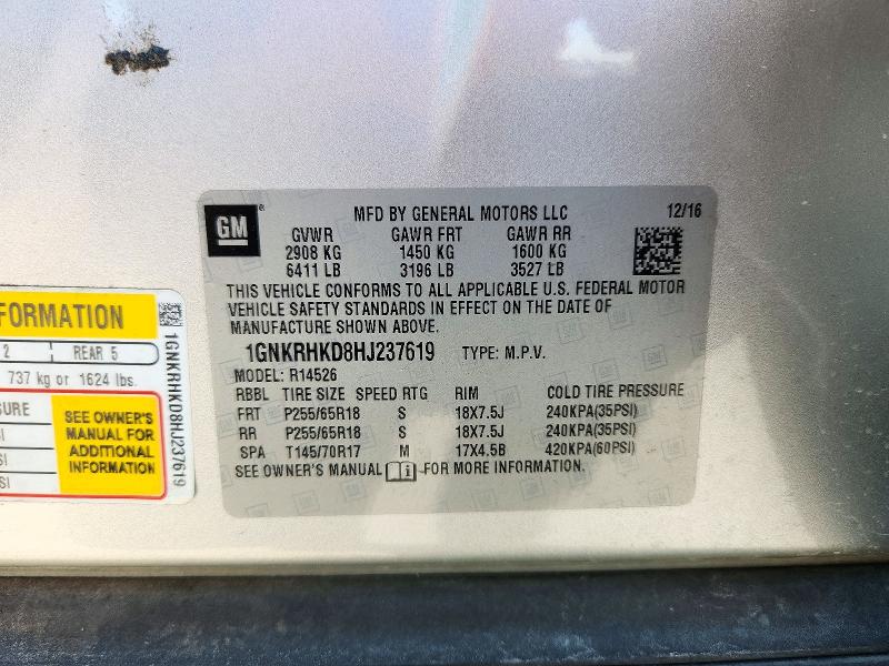 74063056 :رقم المزاد ، 1GNKRHKD8HJ237619 vin ، 2017 Chevrolet Traverse مزاد بيع