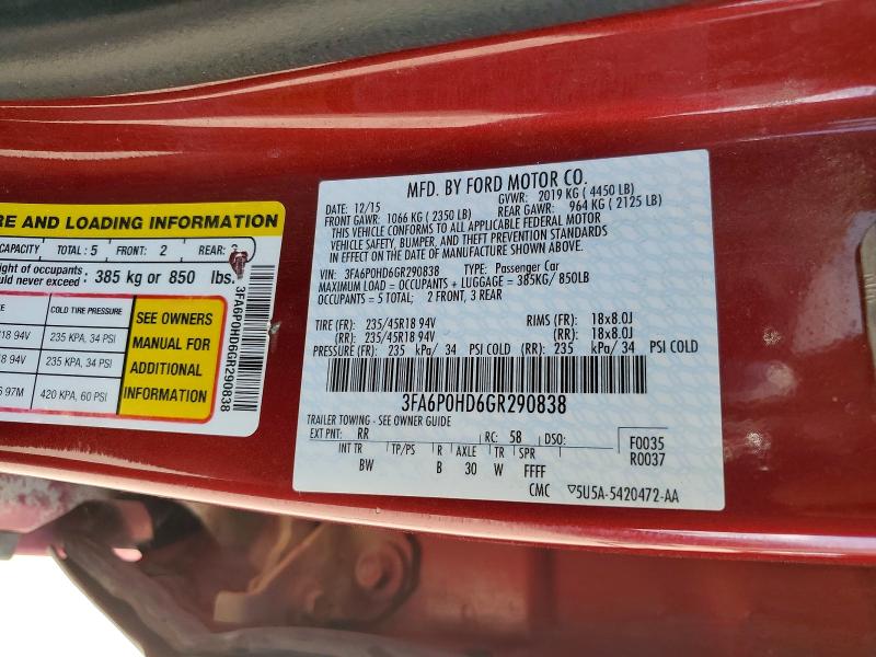 Aukcja sprzedaży 2016 Ford Fusion, vin: 3FA6P0HD6GR290838, numer aukcji: 72377576