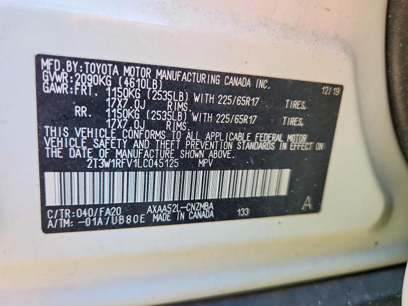 71919156 :رقم المزاد ، 2T3W1RFV1LC045125 vin ، 2020 Toyota Rav4 مزاد بيع
