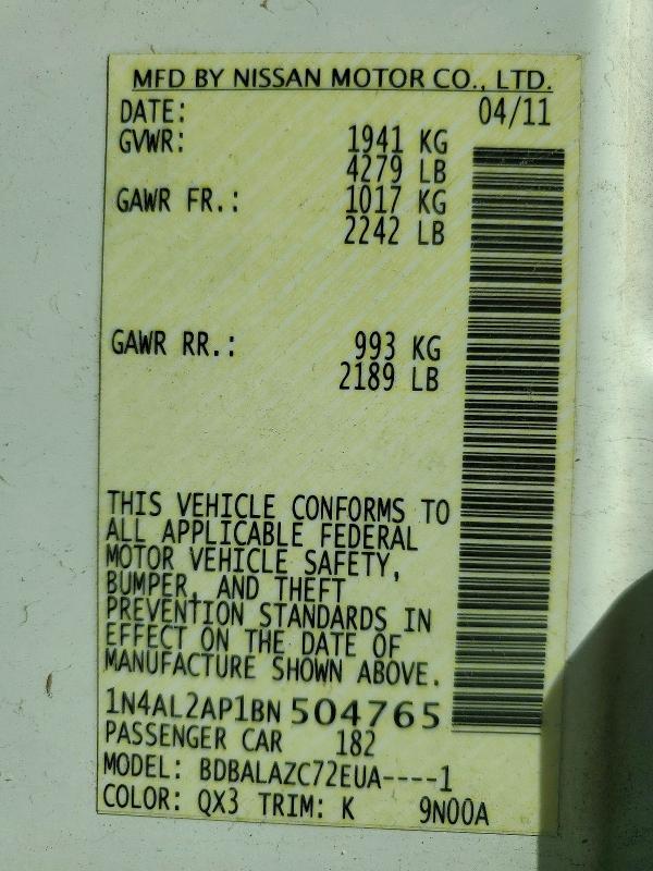 2011 Nissan Altima მანქანა იყიდება აუქციონზე, vin: 1N4AL2AP1BN504765, აუქციონის ნომერი: 72380766