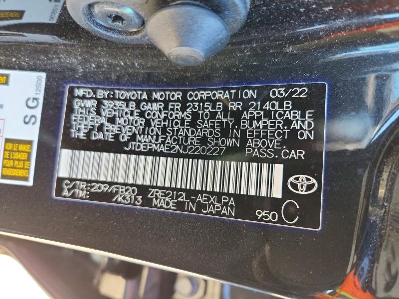 Aukcja sprzedaży 2022 Toyota Corolla, vin: JTDEPMAE2NJ220227, numer aukcji: 71967916