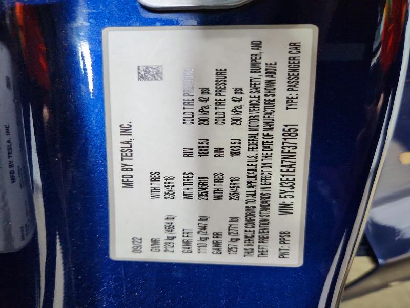 Продажа на аукционе авто 2022 Tesla Model 3, vin: 5YJ3E1EA7NF371851, номер лота: 71582126